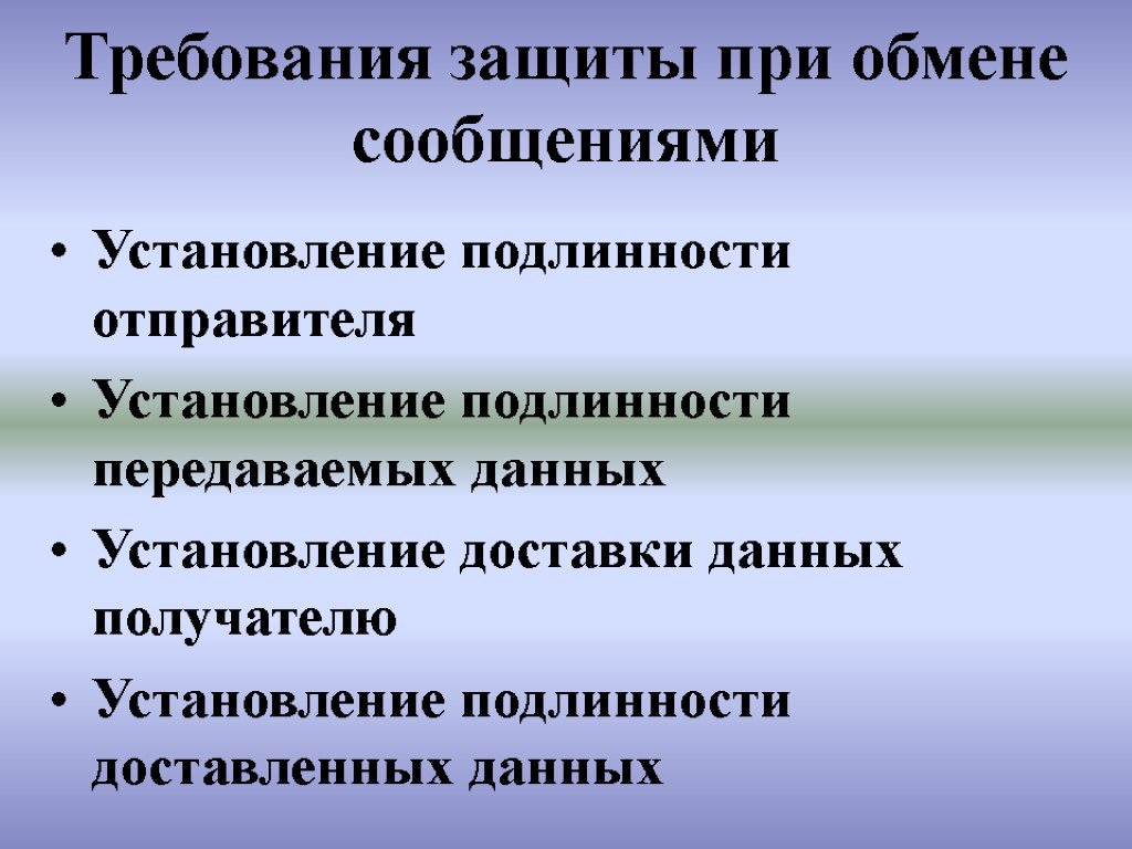 Требования защиты при обмене сообщениями Установление подлинности отправителя Установление подлинности передаваемых данных Установление доставки